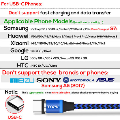 TOPK AM33 360 Degree Round Two-color Nylon Braided Magnetic Type-C USB Charging Cable for Samsung Huawei Xiaomi