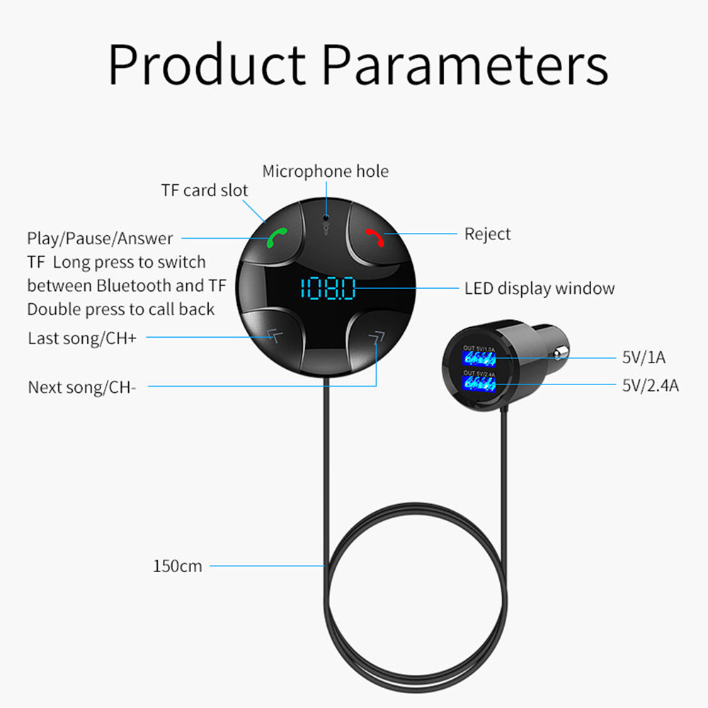JEDX Bluetooth 4.2 Hands-free Car Kit Music MP3 Player Dual USB Car Charger
