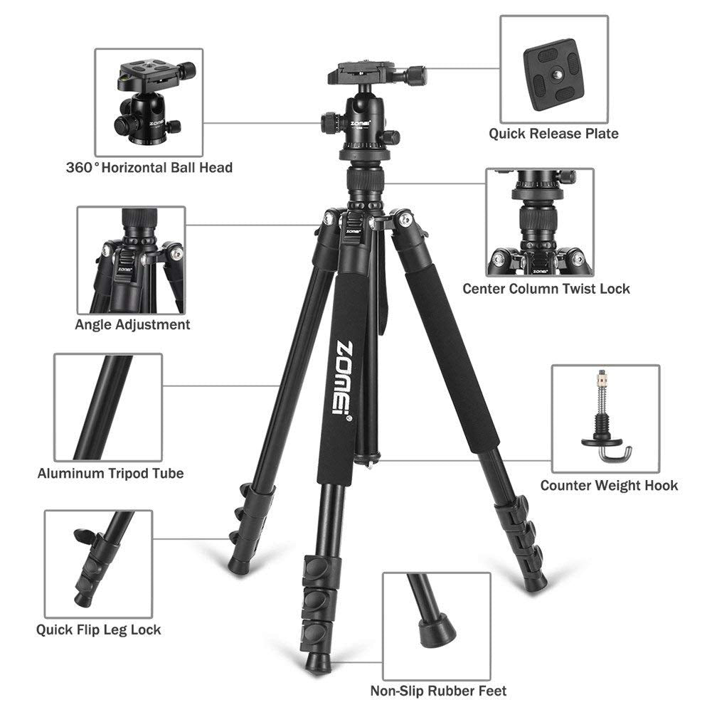 ZOMEi Q555 Lightweight Professional Alluminum Alloy Camera Tripod with 360 Ball