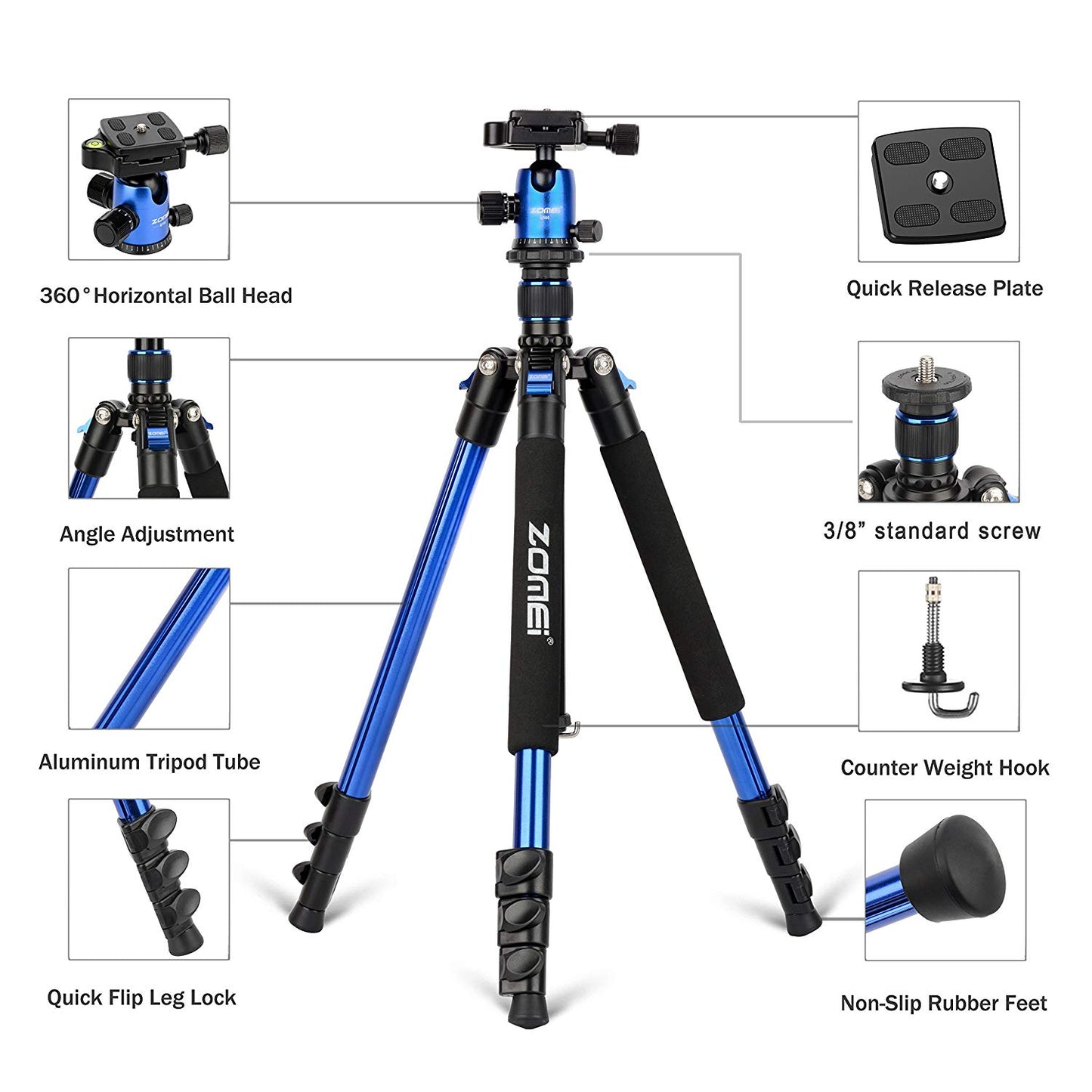 ZOMEi Q555 Lightweight Professional Alluminum Alloy Camera Tripod with 360 Ball