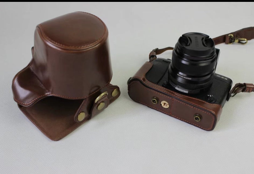 PU Leather Protective Case + Strap + Camera Lens Bag for Fujifilm X-E3 Camera with XF23mm Lens