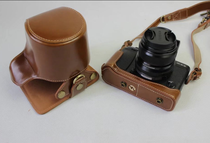 PU Leather Protective Case + Strap + Camera Lens Bag for Fujifilm X-E3 Camera with XF23mm Lens