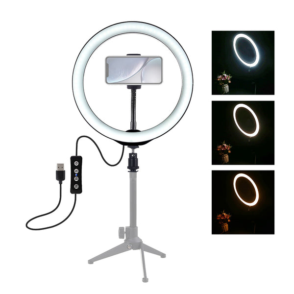 PULUZ PU397 10-inch 3 Modes Dimmable LED Ring Photography Video Light with Mobile Phone Clip for Vlogging