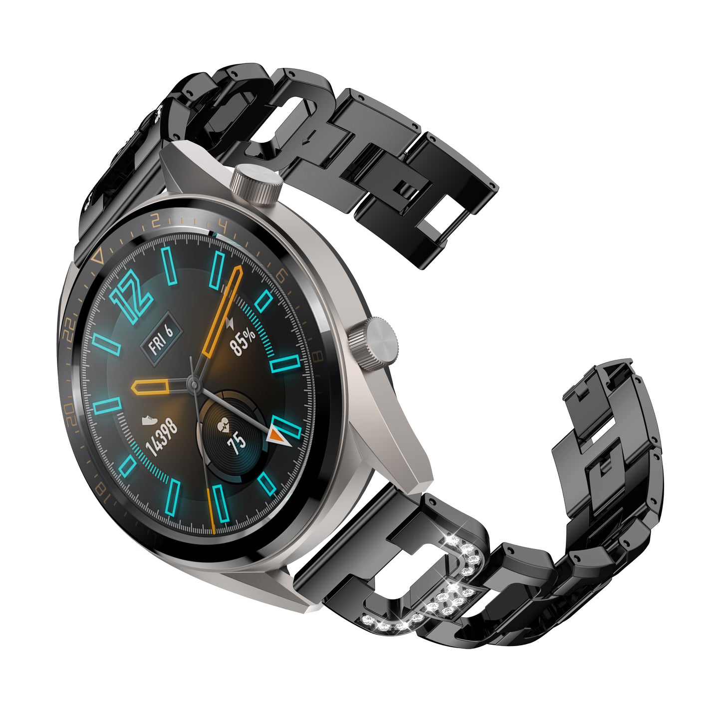 22mm D-shape Rhinestone Decor Stainless Steel Watch Band for Huawei Watch GT
