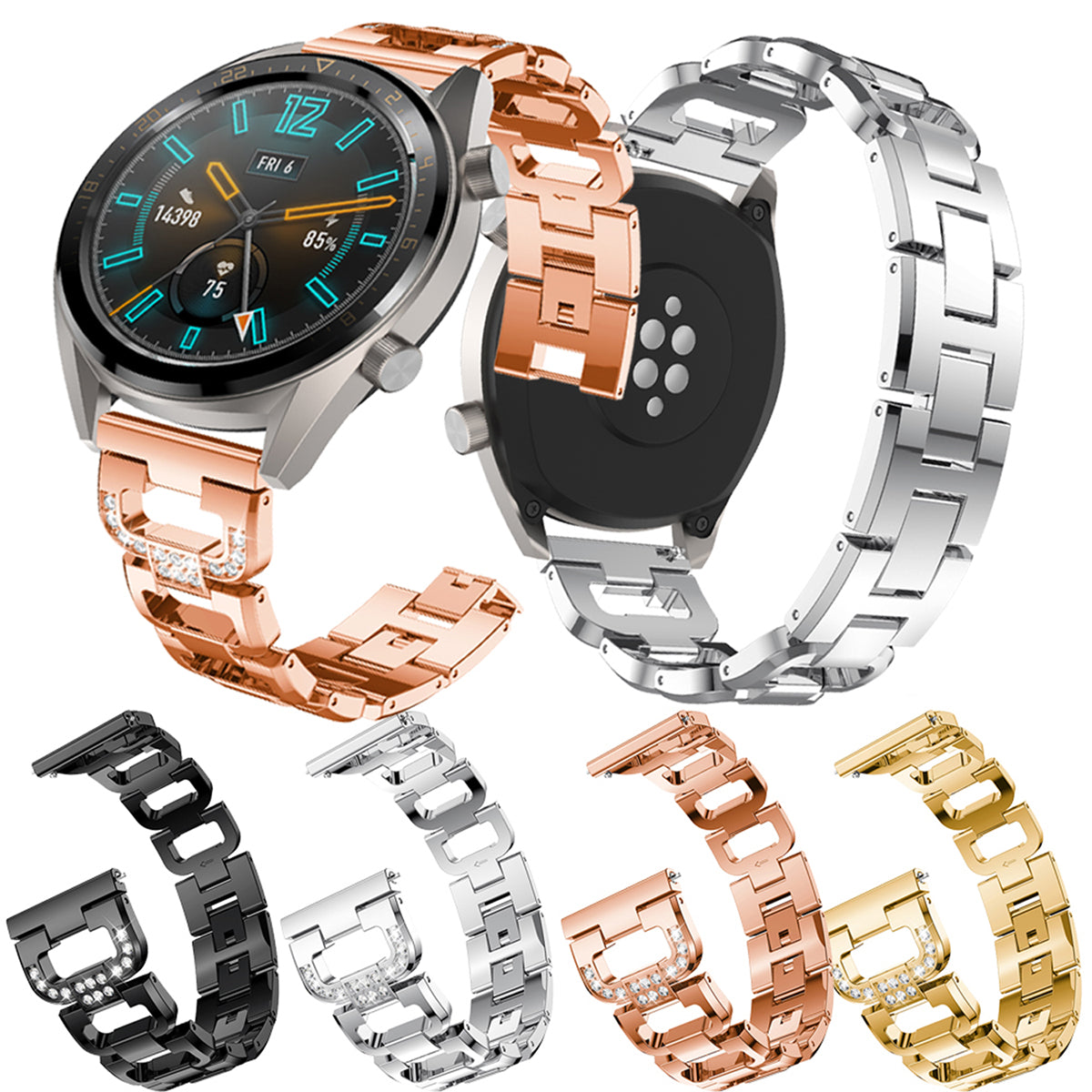 22mm D-shape Rhinestone Decor Stainless Steel Watch Band for Huawei Watch GT