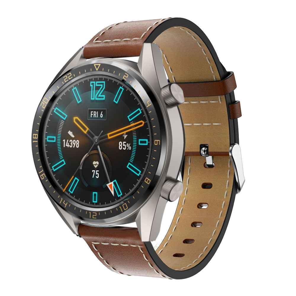 For Huawei Watch GT/Samsung Gear S3 Classic/S3 Frontier 22mm Genuine Leather Smart Watch Strap Replacement Band with White Stitch