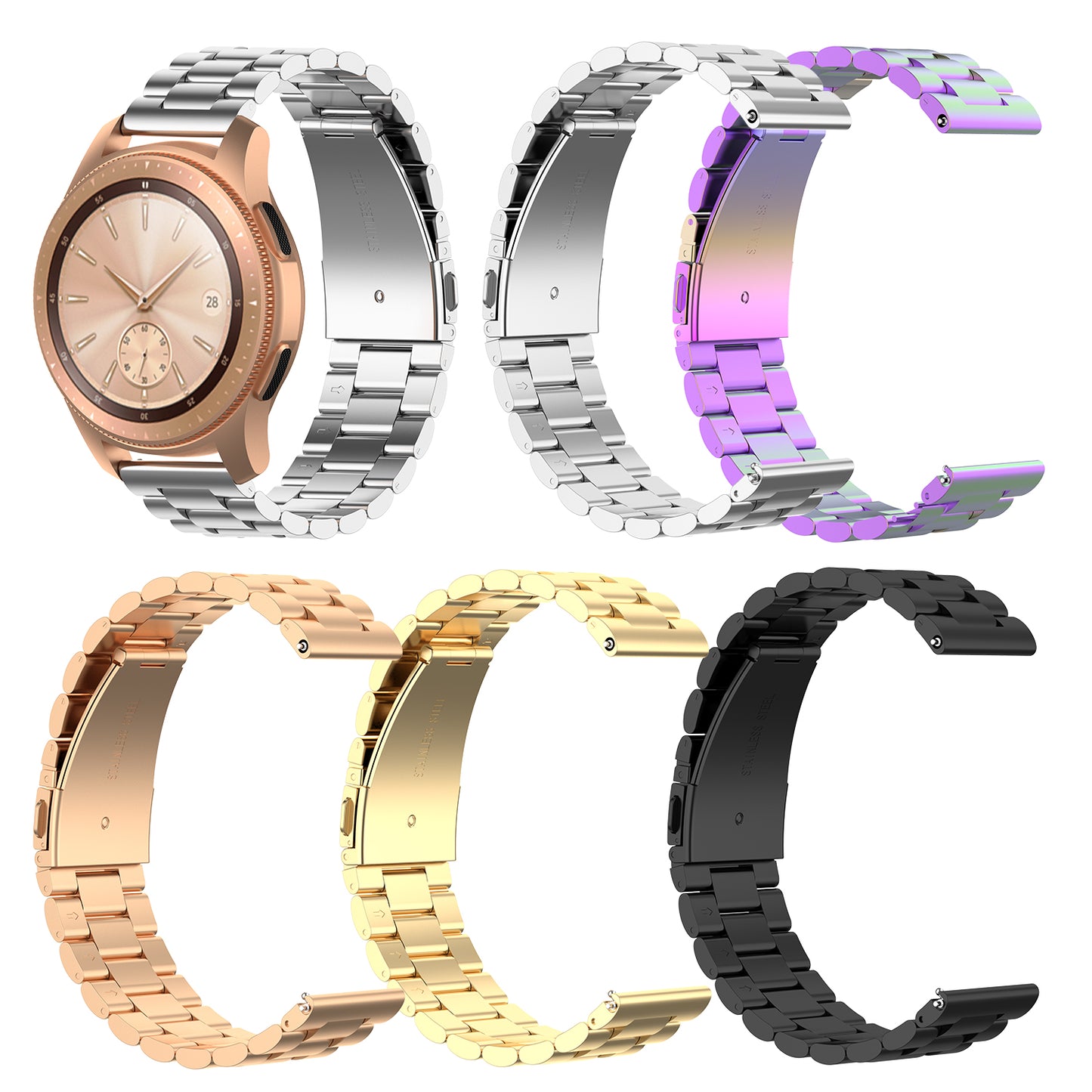 20mm Watch Band Stainless Steel for Samsung Galaxy Watch Active R500/Garmin Vivoactive 3, Folding Clasp Watch Strap Replacement