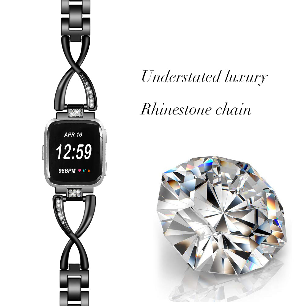 Rhinestone Decor X Shape Stainless Steel Watch Band Strap for Fitbit Versa / Versa Lite