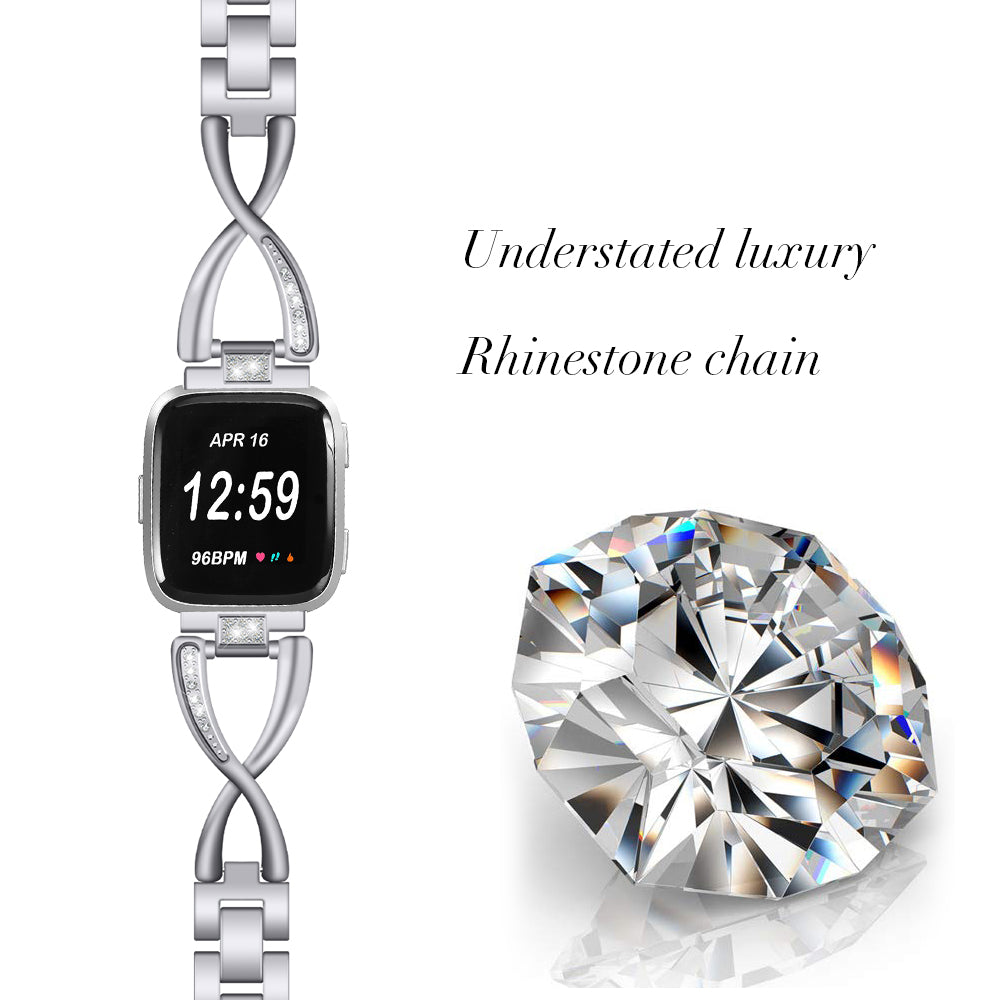 Rhinestone Decor X Shape Stainless Steel Watch Band Strap for Fitbit Versa / Versa Lite