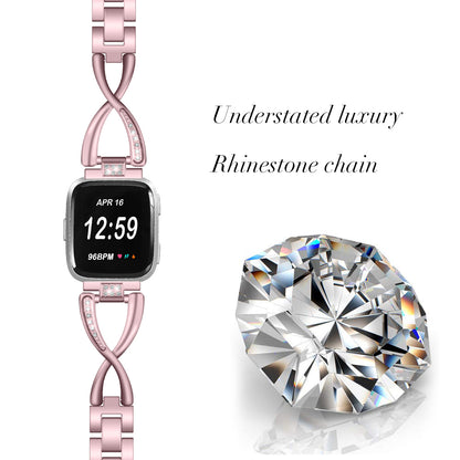 Rhinestone Decor X Shape Stainless Steel Watch Band Strap for Fitbit Versa / Versa Lite
