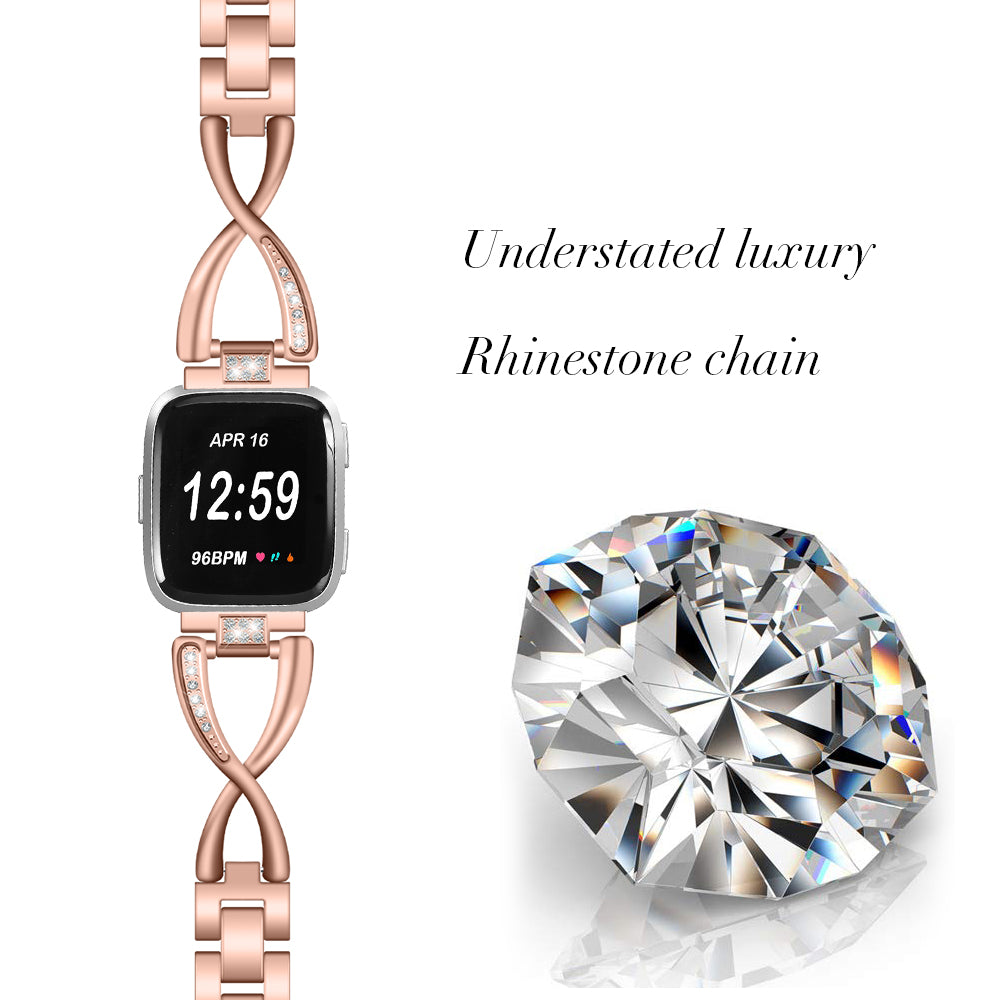 Rhinestone Decor X Shape Stainless Steel Watch Band Strap for Fitbit Versa / Versa Lite