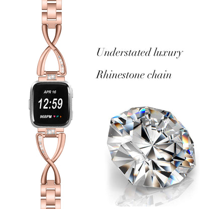 Rhinestone Decor X Shape Stainless Steel Watch Band Strap for Fitbit Versa / Versa Lite