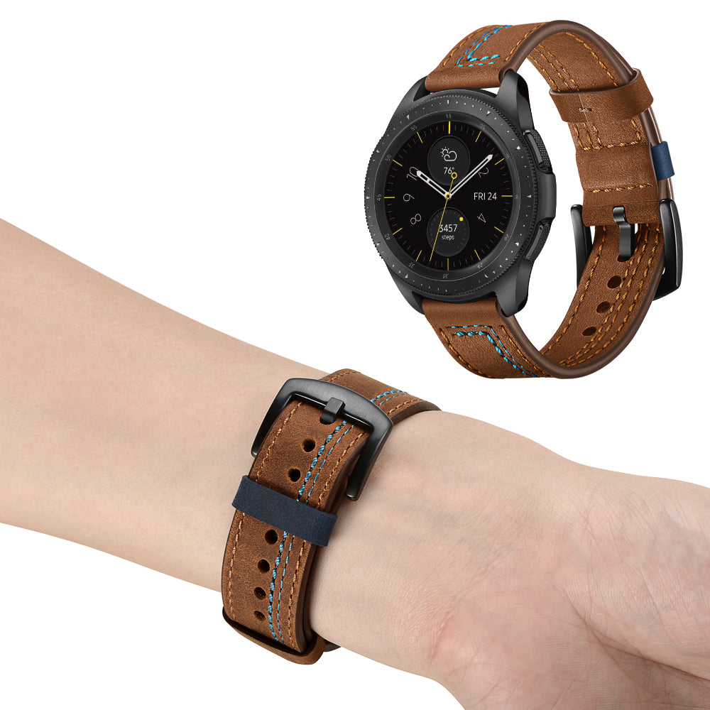 22MM 7-shaped Stitches Genuine Leather Watch Strap for Huawei Watch GT/Samsung Galaxy Watch 46mm