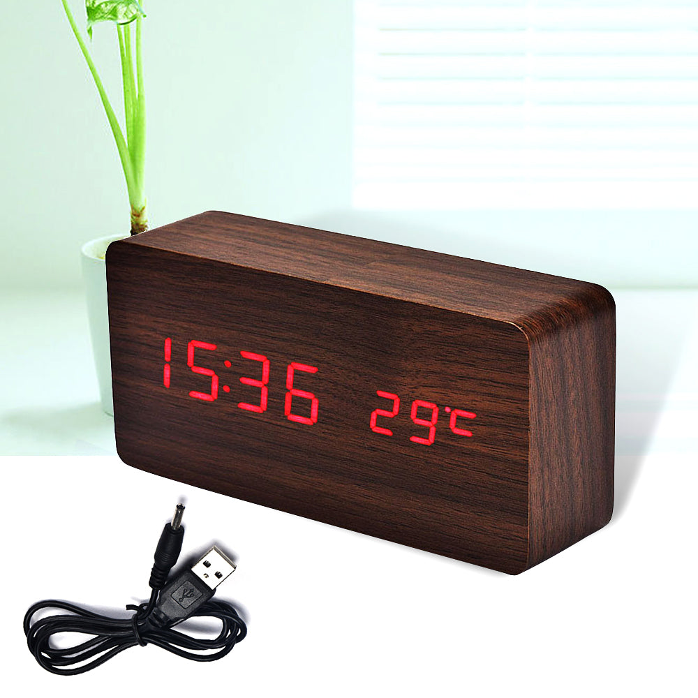Voice Control Creative Wooden LED Alarm Clock with Temperature Display Table Clock