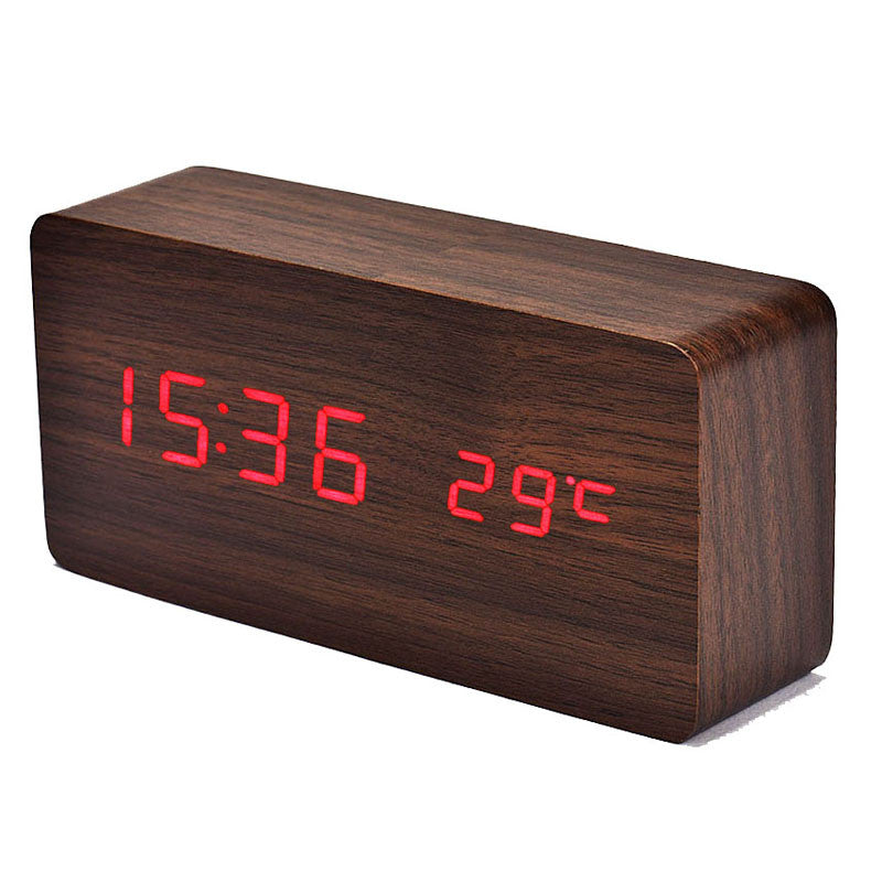 Voice Control Creative Wooden LED Alarm Clock with Temperature Display Table Clock