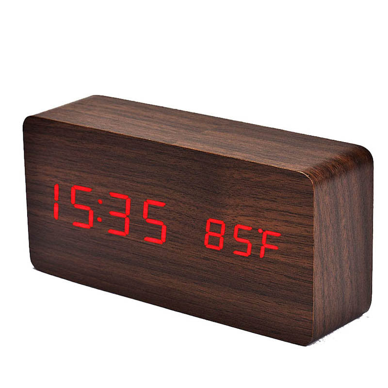 Voice Control Creative Wooden LED Alarm Clock with Temperature Display Table Clock
