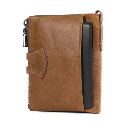 JINBAOLAI Large Capacity Genuine Leather Card Slots Holder Purse Men's Bi-fold Zipper Short Wallet