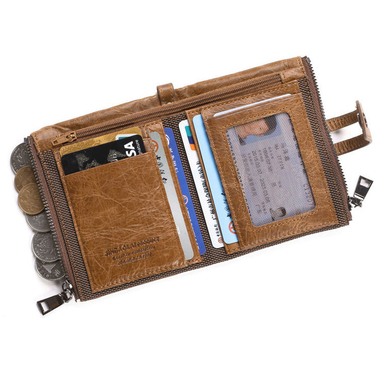 JINBAOLAI Large Capacity Genuine Leather Card Slots Holder Purse Men's Bi-fold Zipper Short Wallet