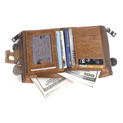 JINBAOLAI Large Capacity Genuine Leather Card Slots Holder Purse Men's Bi-fold Zipper Short Wallet