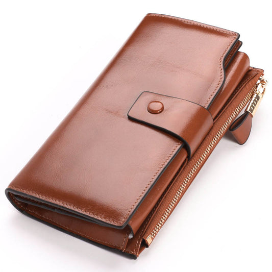 Retro Style Top-layer Cowhide Leather Tri-fold Multipurpose Card Slots Zipper Wallet for Women