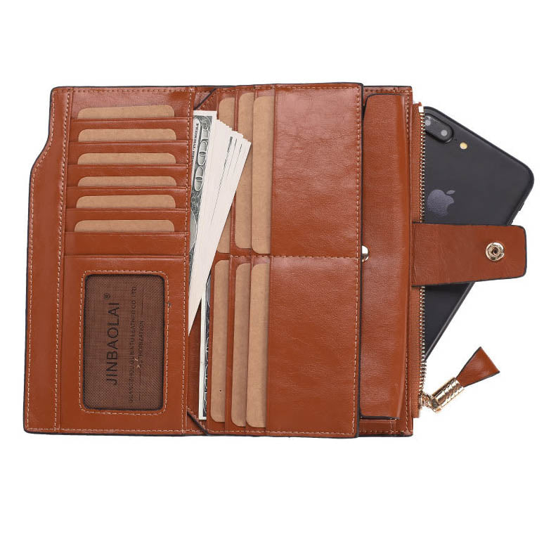 Retro Style Top-layer Cowhide Leather Tri-fold Multipurpose Card Slots Zipper Wallet for Women