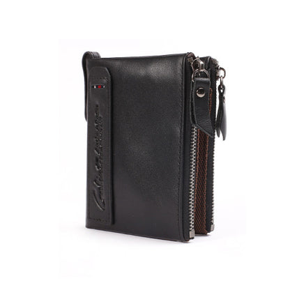 Retro Style Top-layer Cowhide Leather Card Slots Holder Purse Zipper Short Wallet