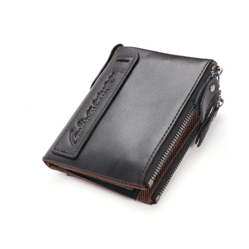 Retro Style Top-layer Cowhide Leather Card Slots Holder Purse Zipper Short Wallet