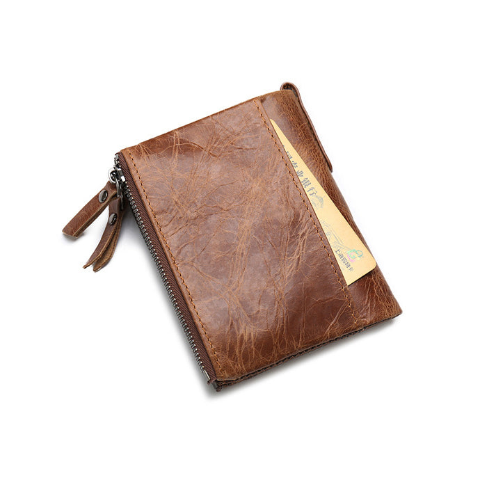 Retro Style Top-layer Cowhide Leather Card Slots Holder Purse Zipper Short Wallet