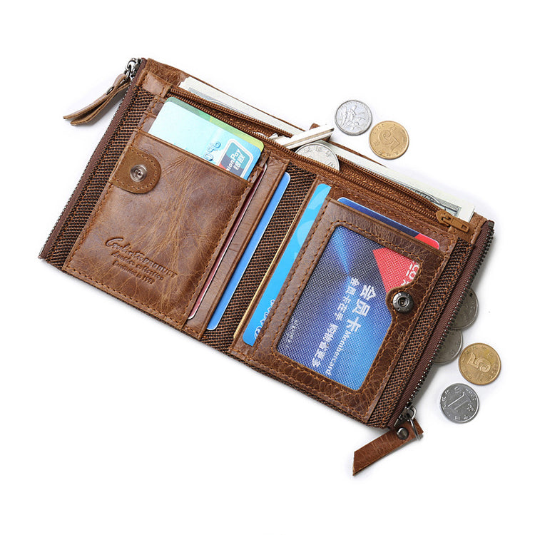 Retro Style Top-layer Cowhide Leather Card Slots Holder Purse Zipper Short Wallet