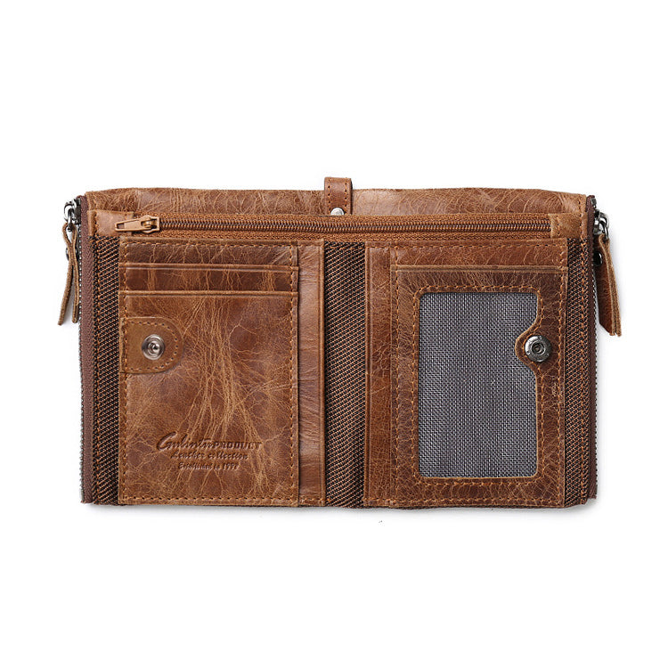 Retro Style Top-layer Cowhide Leather Card Slots Holder Purse Zipper Short Wallet