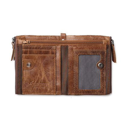 Retro Style Top-layer Cowhide Leather Card Slots Holder Purse Zipper Short Wallet