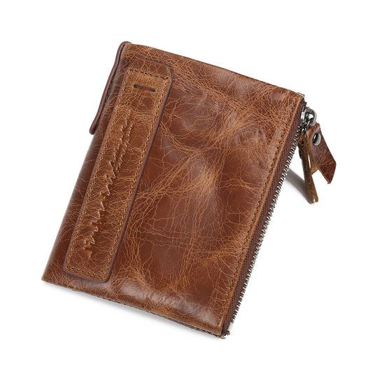 Retro Style Cowhide Leather Wallet Multi Card Slots Purse Zippered Pouch