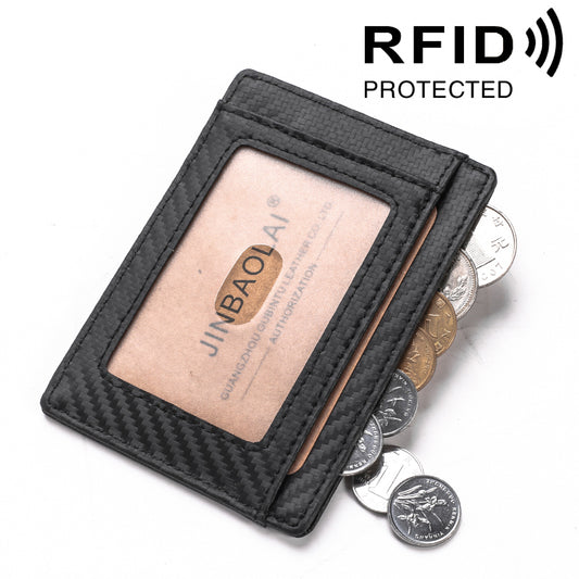 118# Carbon Fiber Texture Genuine Leather Ultra-thin Antimagnetic Purse Wallet with Photo Slot