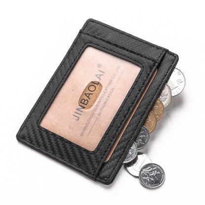 118# Carbon Fiber Texture Genuine Leather Ultra-thin Antimagnetic Purse Wallet with Photo Slot