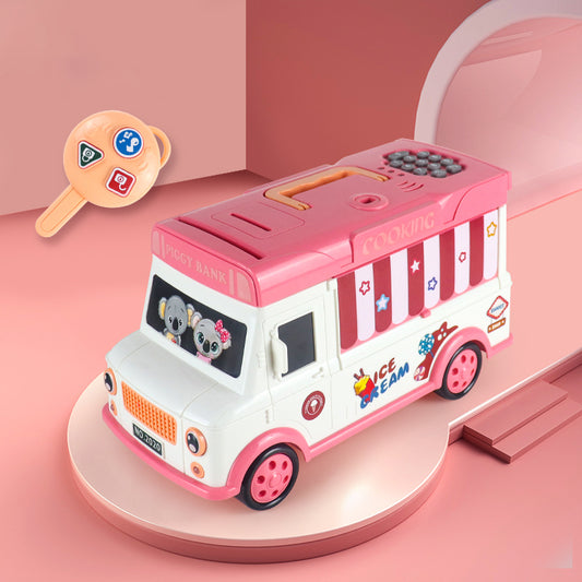 20529 Children Electric Bus Shape Piggy Bank Toy Remote Control Unlock ATM Password Box With Sound Coin Treasure Box Educational Toys