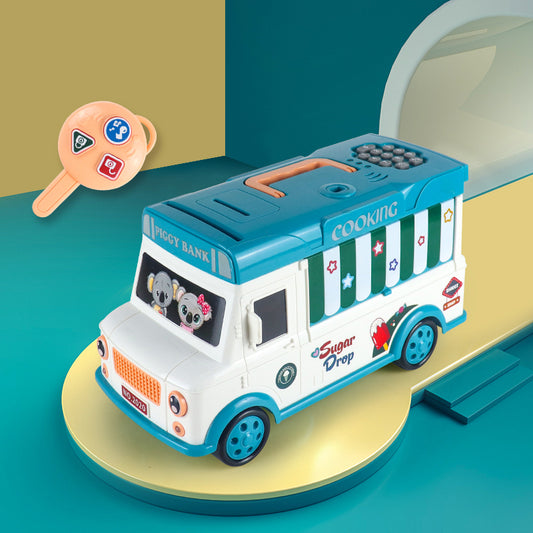 20529 Children Electric Bus Shape Piggy Bank Toy Remote Control Unlock ATM Password Box With Sound Coin Treasure Box Educational Toys