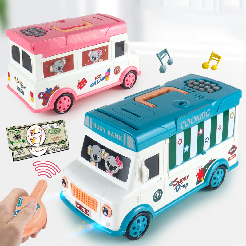 20529 Children Electric Bus Shape Piggy Bank Toy Remote Control Unlock ATM Password Box With Sound Coin Treasure Box Educational Toys