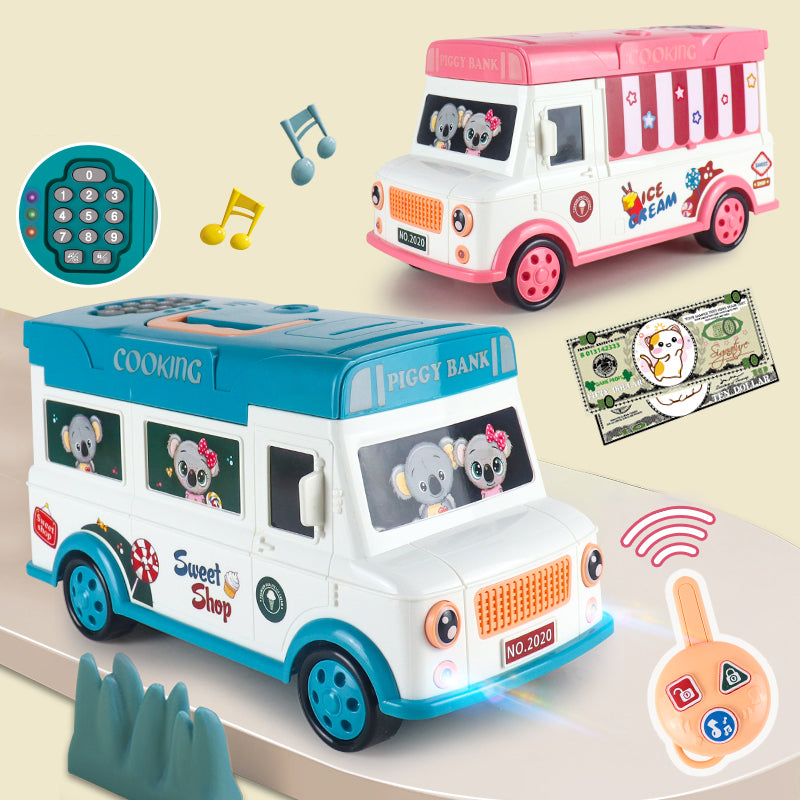 20529 Children Electric Bus Shape Piggy Bank Toy Remote Control Unlock ATM Password Box With Sound Coin Treasure Box Educational Toys