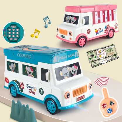 20529 Children Electric Bus Shape Piggy Bank Toy Remote Control Unlock ATM Password Box With Sound Coin Treasure Box Educational Toys