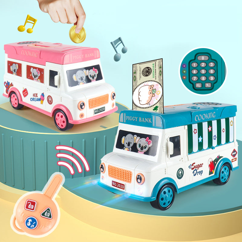 20529 Children Electric Bus Shape Piggy Bank Toy Remote Control Unlock ATM Password Box With Sound Coin Treasure Box Educational Toys
