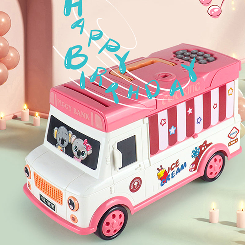 20529 Children Electric Bus Shape Piggy Bank Toy Remote Control Unlock ATM Password Box With Sound Coin Treasure Box Educational Toys