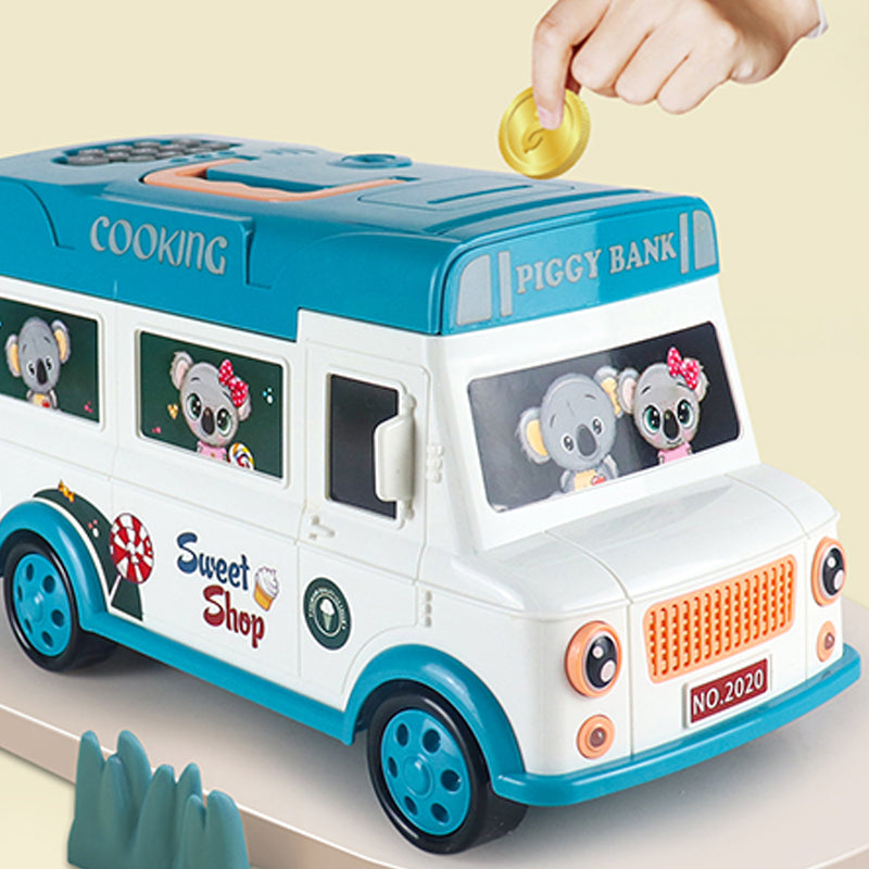 20529 Children Electric Bus Shape Piggy Bank Toy Remote Control Unlock ATM Password Box With Sound Coin Treasure Box Educational Toys