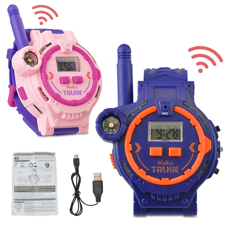 060 2PCS Kid&#39;s Walkie Talkie Mini Watch 200m Long Wireless Range Hands-free Talking Flashlight Compass Function Toys Children Birthday Gift (Rechargeable Design)