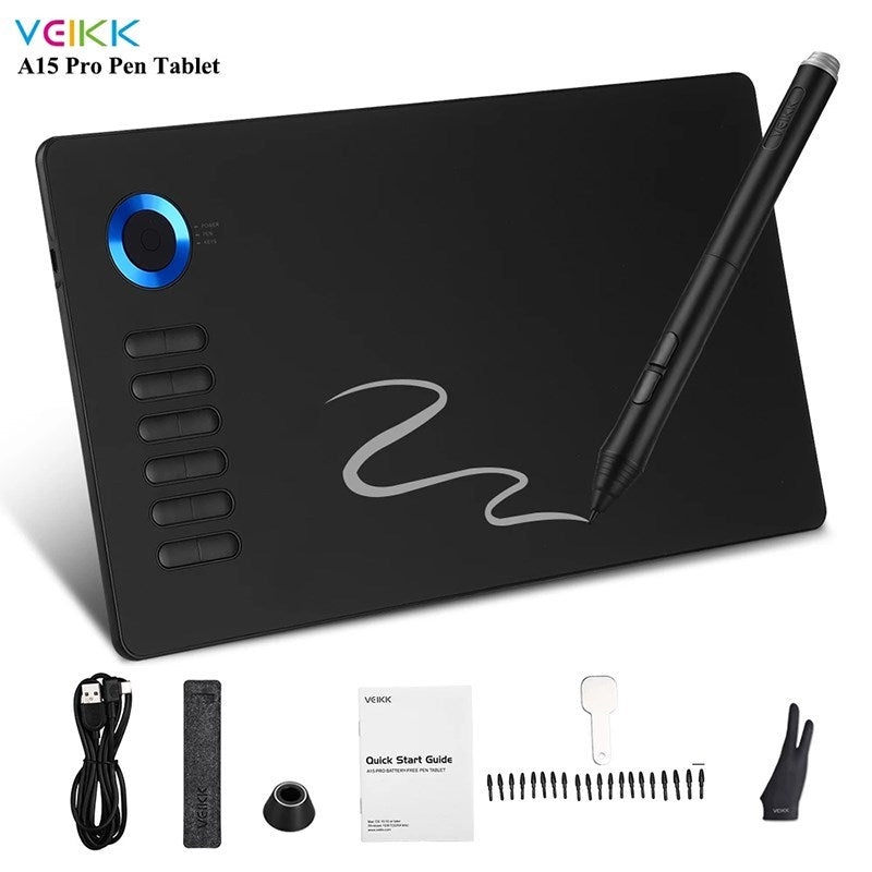 VEIKK A15 Pro Graphics Drawing Tablet 10 x 6 inch Digital Drawing Tablet with Battery-free Stylus Support Windows, Mac