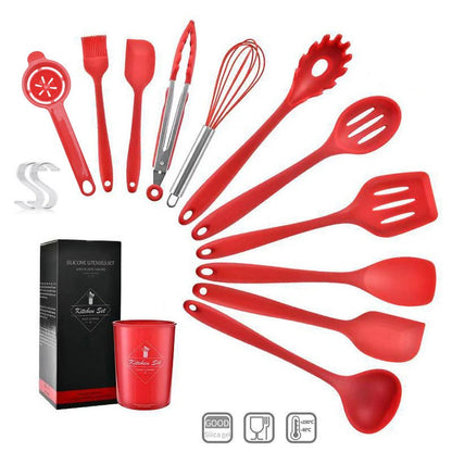 11Pcs Silicone Utensil Set Heat Resistant Non-stick Cookware Slotted Turner Spoon Ladle Pasta Fork Spatula Whisk Brush