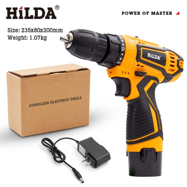 HILDA Electric Drill Screwdriver 12V US Plug Rechargeable Cordless Woodworking Drill Power Tool Power Drill Driver