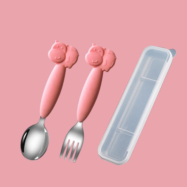 304 Stainless Steel + Silicone Toddler Self Feeding Fork and Spoon Set with Case (BPA Free, No FDA Certificate)