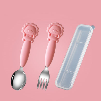 304 Stainless Steel + Silicone Toddler Self Feeding Fork and Spoon Set with Case (BPA Free, No FDA Certificate)