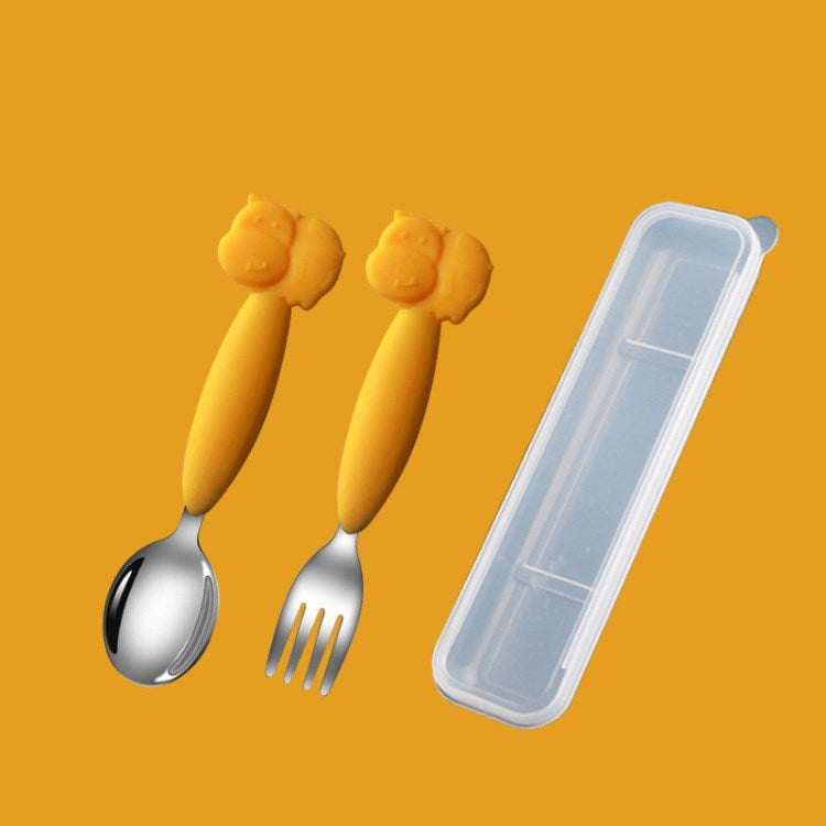 304 Stainless Steel + Silicone Toddler Self Feeding Fork and Spoon Set with Case (BPA Free, No FDA Certificate)