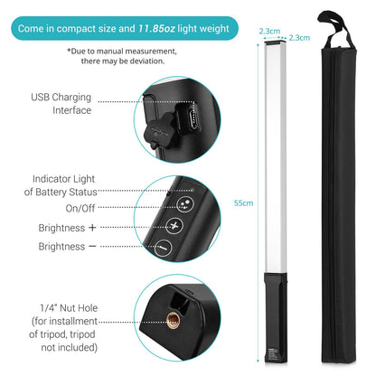 LIYADI RGB Handheld LED Light Wand Rechargeable Photography Light Stick 10 Lighting Modes 12 Brightness Levels 1000 Lumens 3200-5600K Color Temperature with Portable Bag Hanging Loop Remote Control